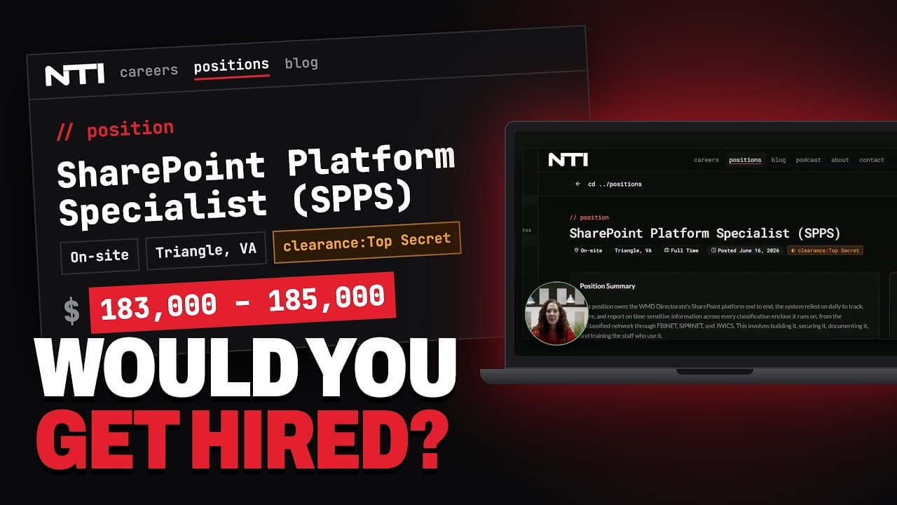 YouTube thumbnail for a Position Review of the SharePoint Platform Specialist (SPPS) role, showing the NTI careers posting with On-site, Triangle, VA and clearance: Top Secret tags, a red $183,000 - $185,000 pay banner, the question "Would you get hired?" in large white and red letters, and a laptop showing the posting with the presenter in a small webcam circle.